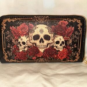 Skull & Red Rose Zip-Around Wallet - Black